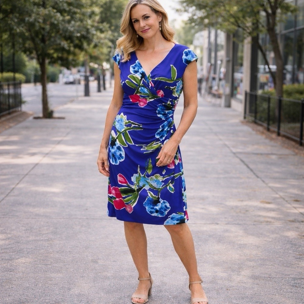 Lauren Ralph Lauren Sheath Dress Stretchy Sz 4 Royal Blue Floral Wedding Guest